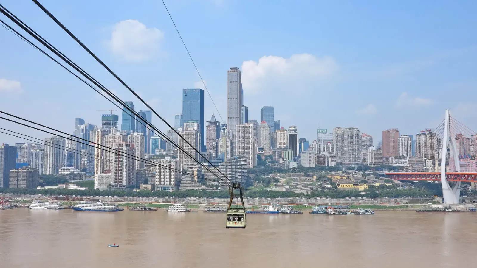Yangtze River Cableway cabin crossing the river in Chongqing